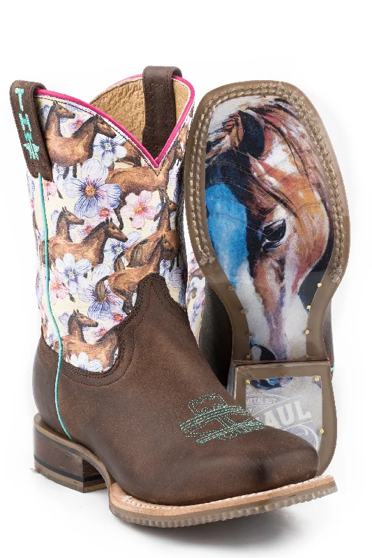 LITTLE GIRLS CHESTNUT AND DAISY WITH MY BEST FRIEND SOLE LEATHER BURNISHED DARK BROWN VAMP WITH HORSES AND FLOWERS PRINTED UPPER