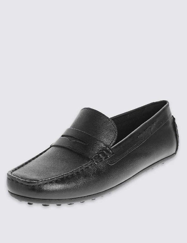 M&S Boys Black Leather Driving Shoes