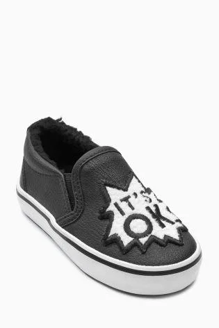 Next Younger Boys Black Slip-On Badge Pumps