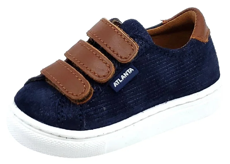 Atlanta Mocassin Boy's Triple Hook and Loop Closure Leather Sneakers, Navy/Brown