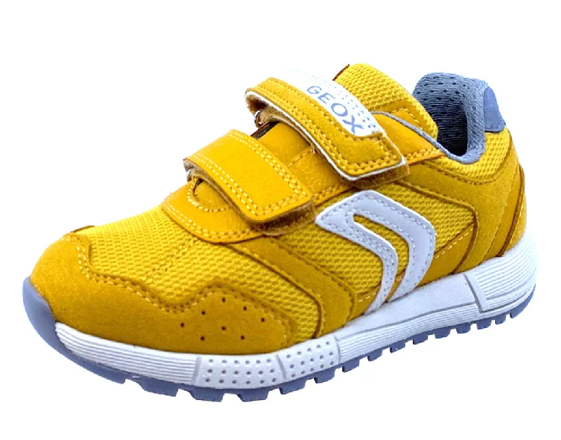 Geox Respira Boy's J Alben Double Hook and Loop Sneaker Shoes, Dark Yellow/Grey