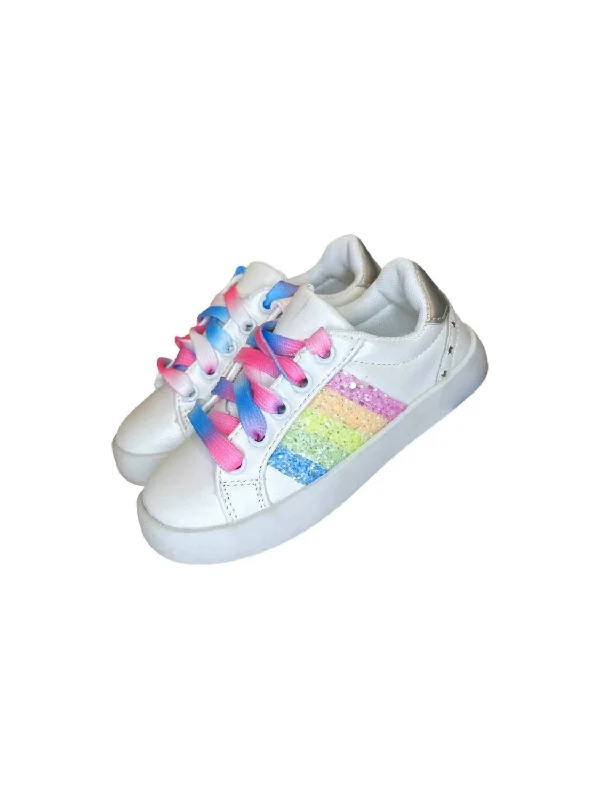 Girl's Rainbow Striped Sneakers In White Multi