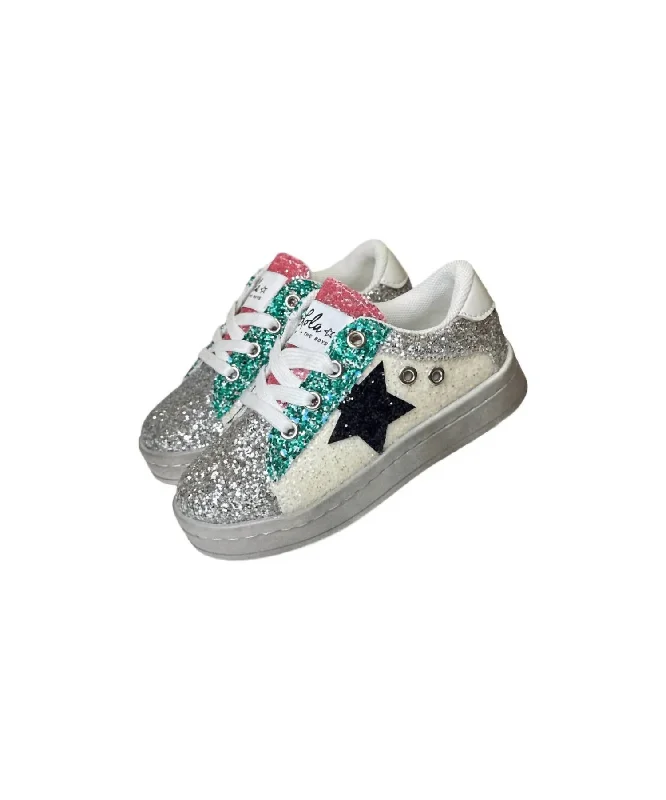 Girl's Star Glitter Sneakers In White Multi