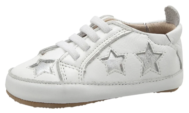 Old Soles Girl's & Boy's 0024R Starey Bambini White with Silver Stars Leather Elastic Slip On Sneakers